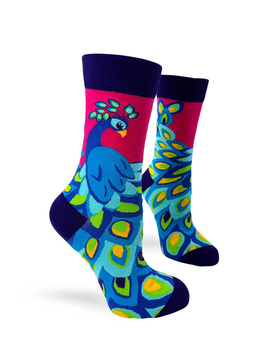 Ladies' Novelty Crew Socks Featuring a Colorful Peacock